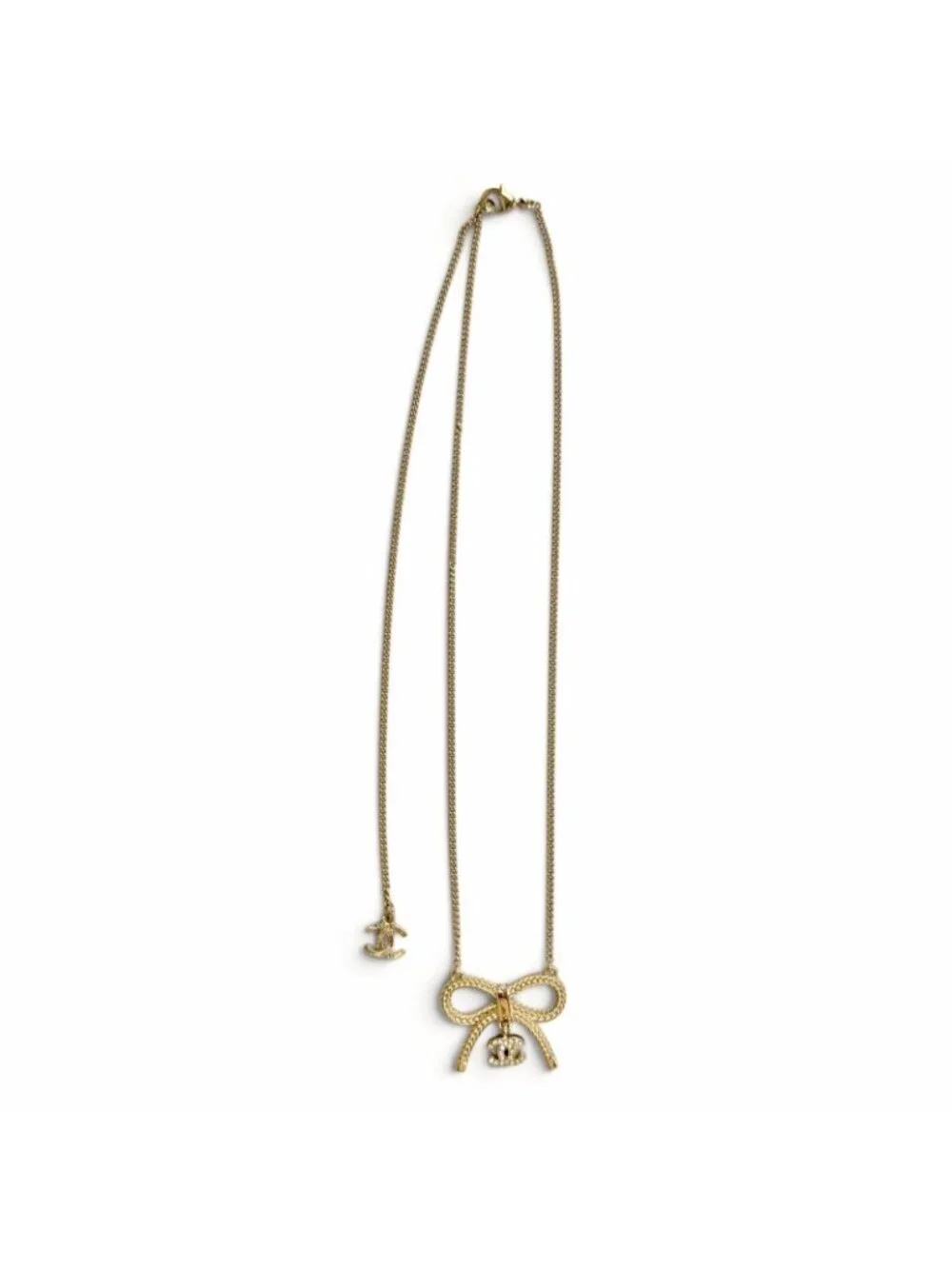 Chanel CC Logo Rhinestone Ribbon Necklace Gold
